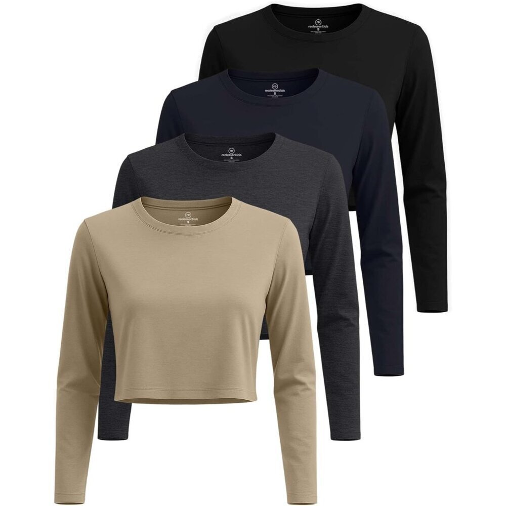 Women's Cotton Crop Top 4 Pack Long Sleeve Casual Workout Fall Fashion Plus Size